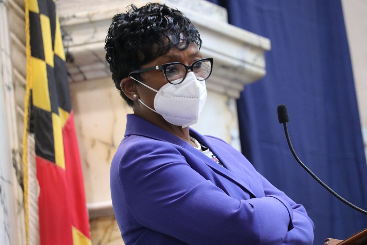 Maryland House Speaker Adrienne Jones, a Democrat, listens to debate before lawmakers voted to override Republican Gov. Larry Hogan's veto of a measure to expand abortion access in the state, Saturday, April 9, 2022, in Annapolis, Md. (AP Photo/Brian Witte)