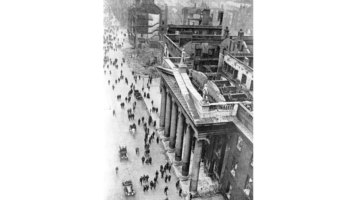 The General Post Office served as headquarters for the 1916 Easter Rising rebels in Dublin, Ireland, and was heavily damaged in the fighting. Only its facade remained intact.