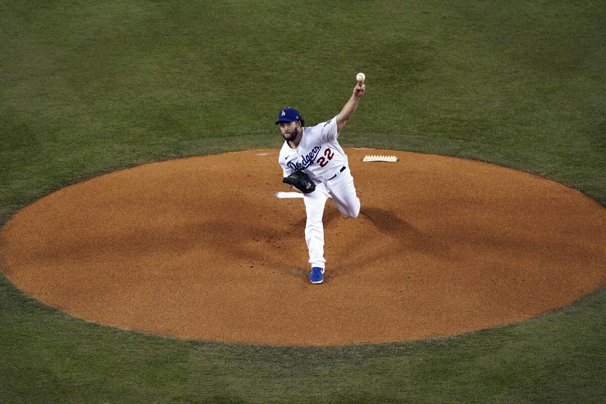 Clayton Kershaw throws against the Milwaukee Brewers.
