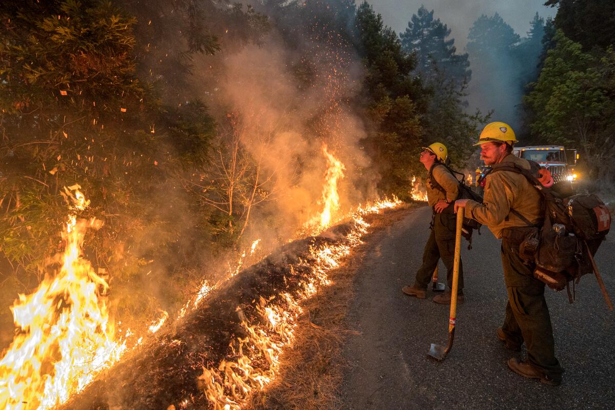 Firefighters monitor a controlled burn to help contain the Dolan Fire near Big Sur