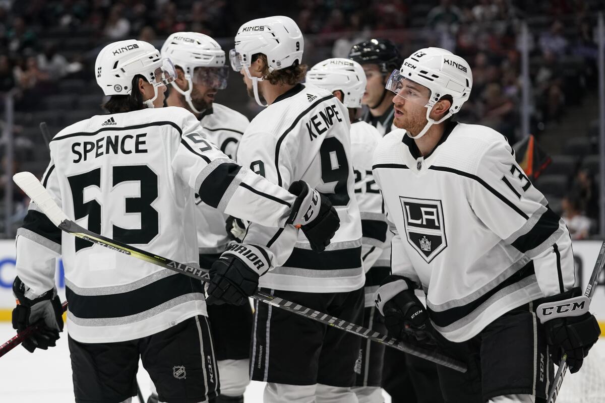 Kings center Gabriel Vilardi celebrates with teammates after scoring during a preseason game against the Ducks on Oct. 4.