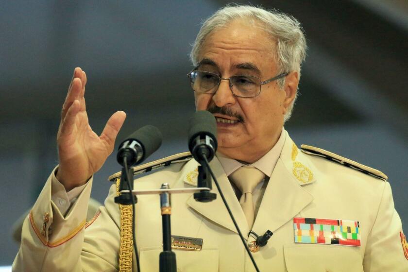 (FILES) In this file photo taken on May 07, 2018 Libyan Strongman Khalifa Haftar attends a military parade in the eastern city of Benghazi. - Libyan strongman Khalifa Haftar ordered his troops on April 4 to "advance" on Tripoli, seat of the internationally-recognised unity government, after UN chief Antonio Guterres warned against a major flare-up. Haftar's forces announced Wednesday they were gearing up for an offensive in the west of the country to purge it of "terrorists and mercenaries". Following that statement, a convoy of LNA vehicles pushed towards the city of Gharyan, some 100 kilometres (60 miles) from Tripoli, witnesses and military sources said. (Photo by Abdullah DOMA / AFP)ABDULLAH DOMA/AFP/Getty Images ** OUTS - ELSENT, FPG, CM - OUTS * NM, PH, VA if sourced by CT, LA or MoD **