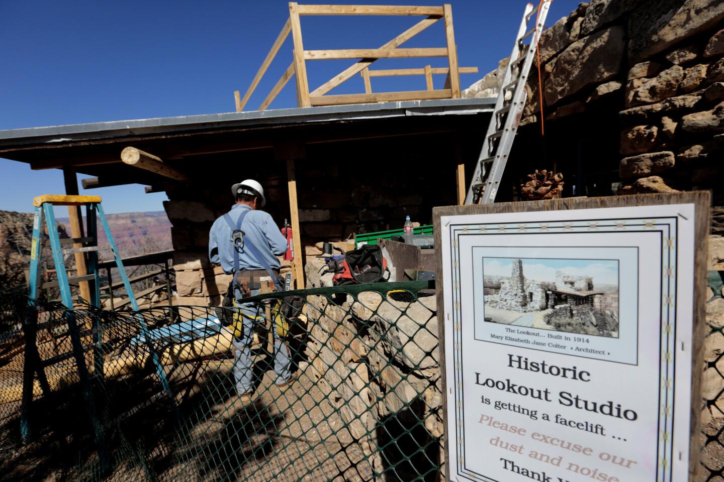 Renovation continues in March 2015 at the historic Lookout Studio in the Grand Canyon, where several structures are being restored and refurbished.