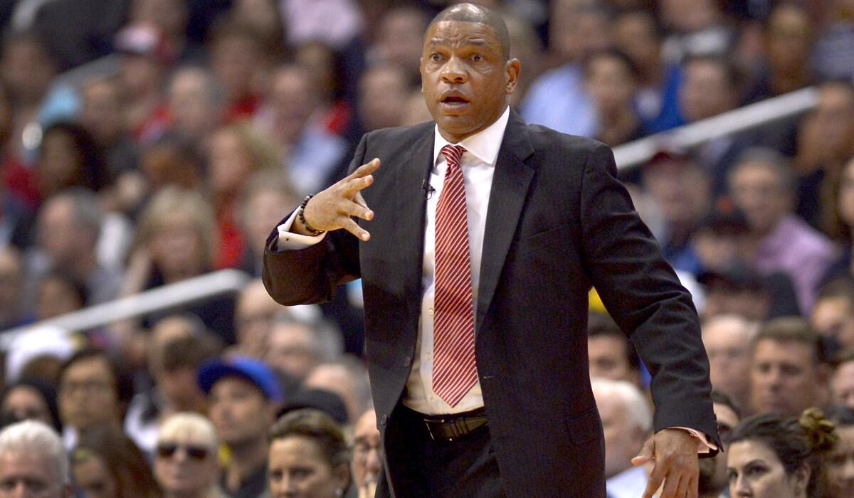 Clippers Coach Doc Rivers reacts to a call in the first quarter of a playoff game against the Warriors on Tuesday at Staples Center.