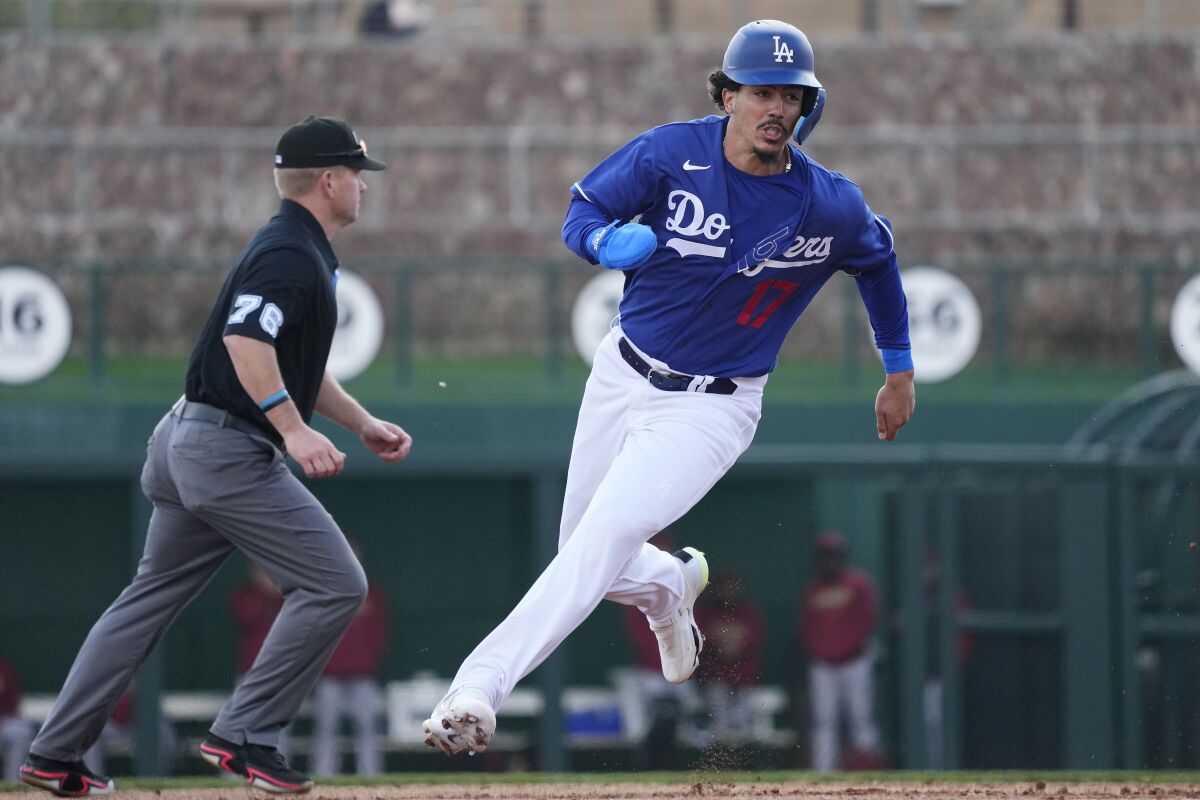 Miguel Vargas of the Dodgers runs to third base during a spring training game against the Arizona Diamondbacks on March 2.