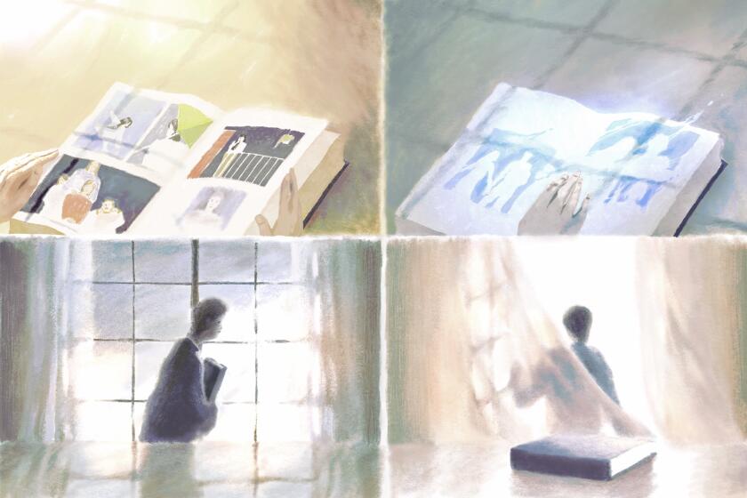 sequential illustration showing a figure looking at a photo album and walking through glass door into a bright light