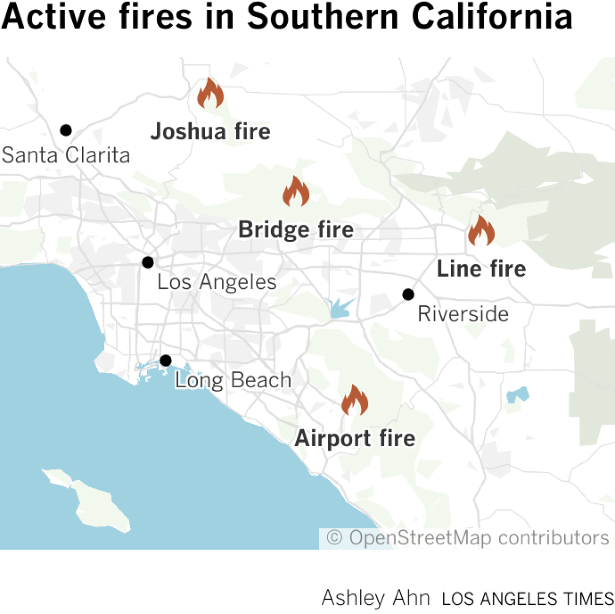 Fires burning across Southern California:
1. Bridge fire in the Angeles National Forest 
2. Line fire in San Bernardino County
3. Airport fire in the Trabuco Canyon
4. Joshua fire in Palmdale