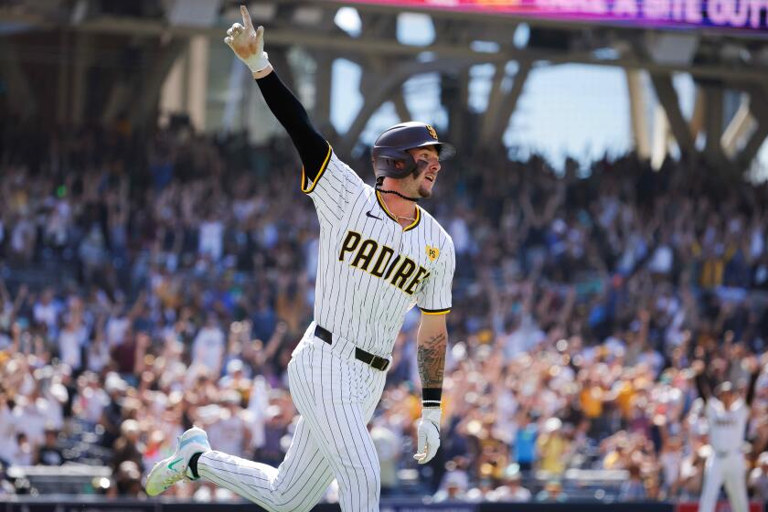 San Diego, CA - June 12: San Diego Padres center fielder Jackson Merrill (3) rounds the bases after a home run during the ninth inning against the Oakland Athletics at Petco Park on Wednesday, June 12, 2024 in San Diego, CA. (Meg McLaughlin / The San Diego Union-Tribune)