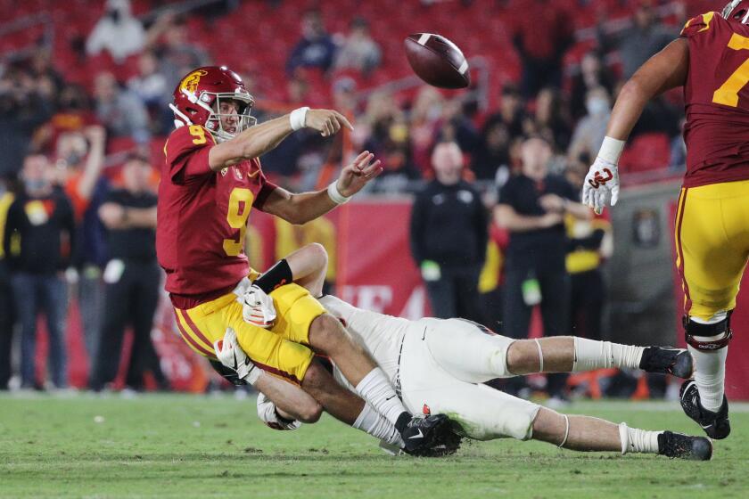 LOS ANGELES, CA - SEPTEMBER 25, 2021: USC Trojans quarterback Kedon Slovis.