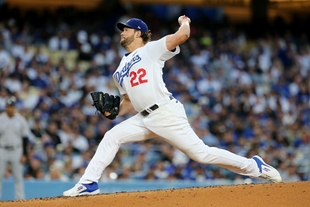 Los Angeles Dodgers pitcher Clayton Kershaw works against the New York Yankees on June 2, 2023, at Dodger Stadium.