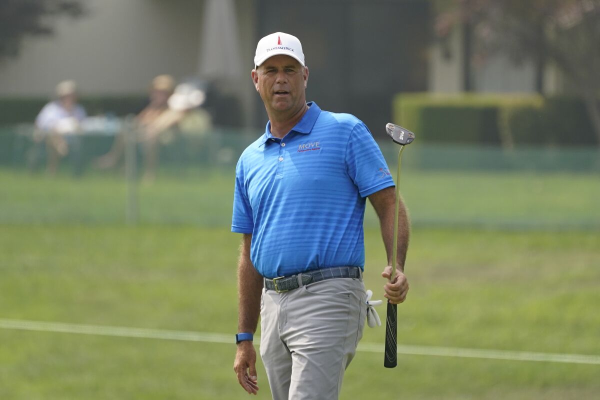 Stewart Cink reacts after nearly making a birdie putt on the first green of the Silverado Resort North Course during the final round of the Safeway Open PGA golf tournament Sunday, Sept. 13, 2020, in Napa, Calif. (AP Photo/Eric Risberg)