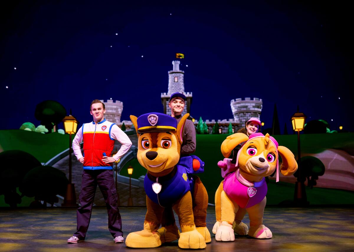 Paw Patrol character puppets on stage with a castle behind them. 