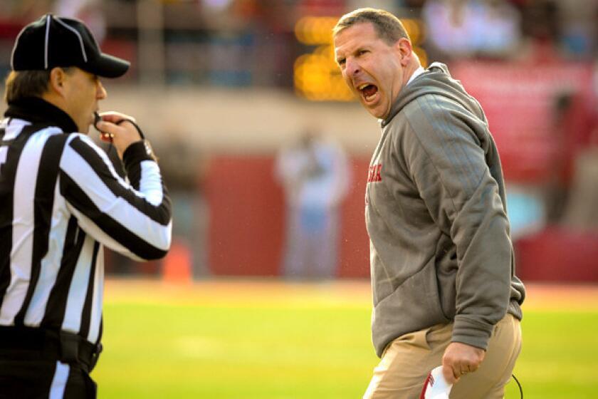 Nebraska Coach Bo Pelini reacts to a call during the Cornhuskers' game against Iowa on Friday afternoon.