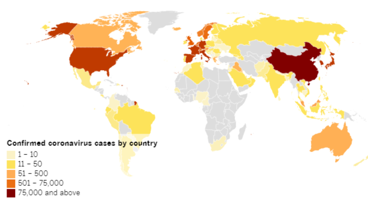 Confirmed COVID-19 cases by country as of 4 p.m. Monday, March 9. Click to see the interactive map.