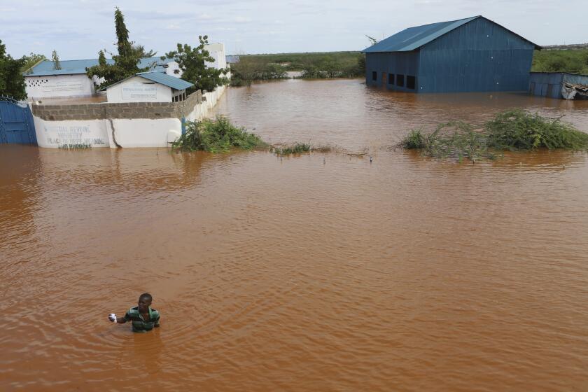 A man swims from a submerged church compound, after the River Tana broke its banks following heavy rains at Mororo, border of Tana River and Garissa counties, North Eastern Kenya, Sunday, April. 28, 2024. Heavy rains pounding different parts of Kenya have led to dozens of deaths and the displacement of tens of thousands of people, according to the U.N. (AP Photo/Andrew Kasuku)