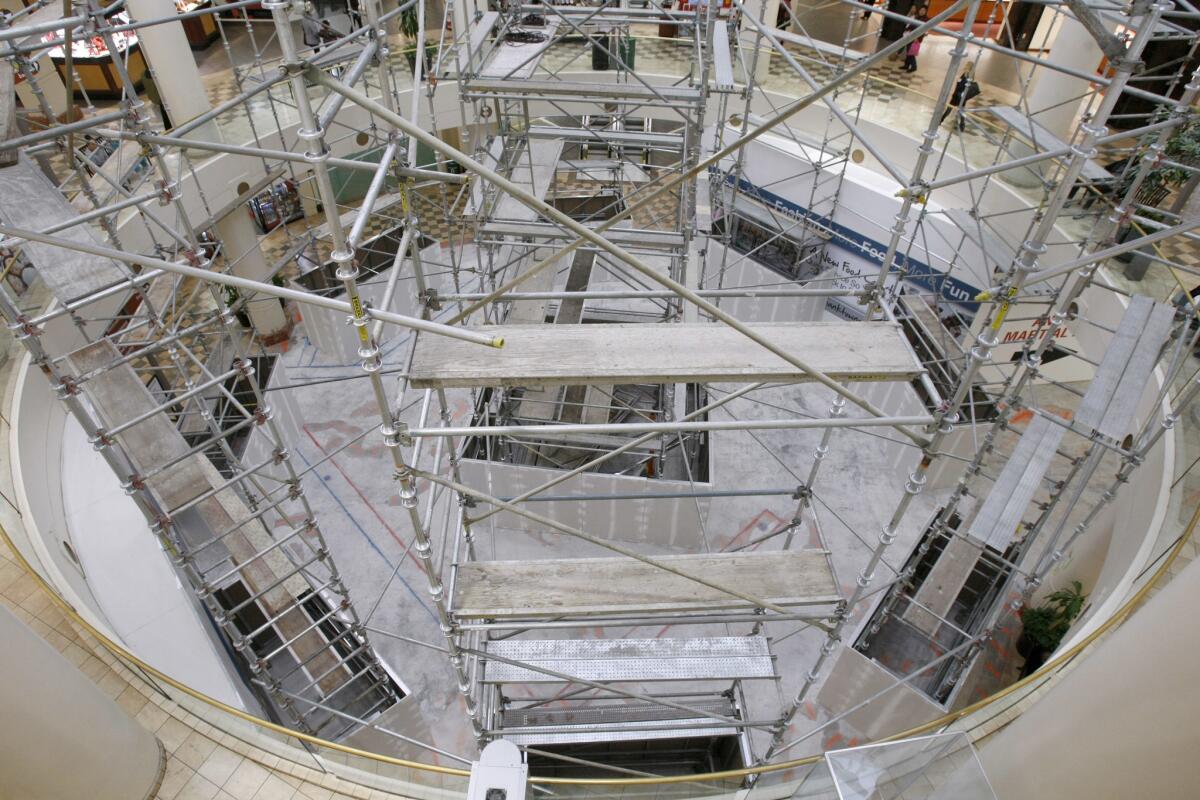 Scaffolding appears at Burbank Town Center as its owners revamp the mall.