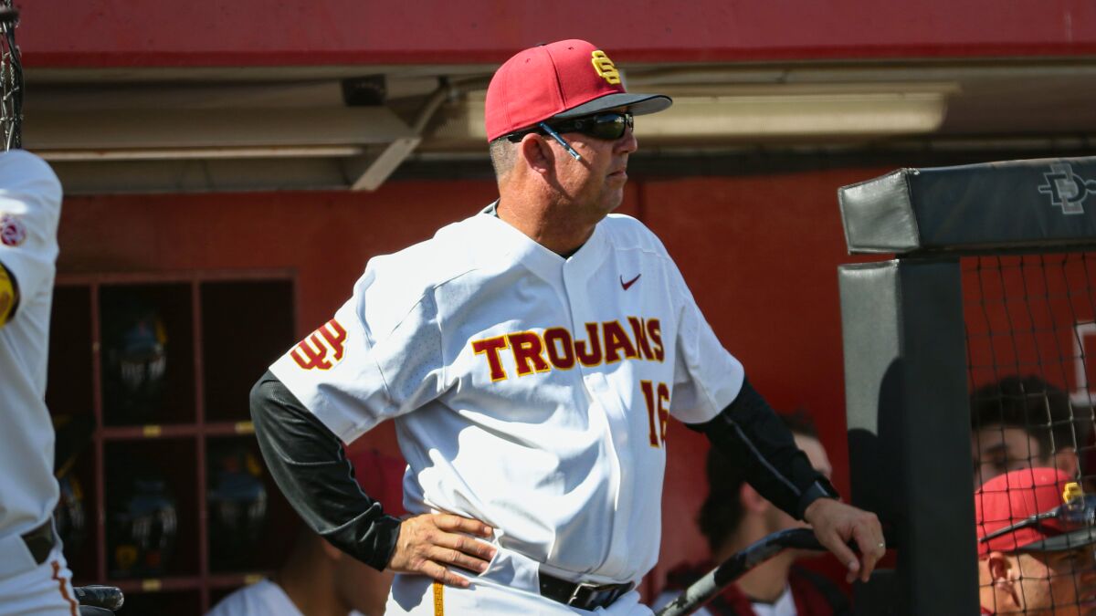 USC baseball coach Jason Gill watches his team during a game in 2021.