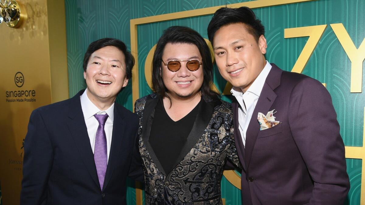 Actor Ken Jeong, left, author Kevin Kwan and director Jon M. Chu
