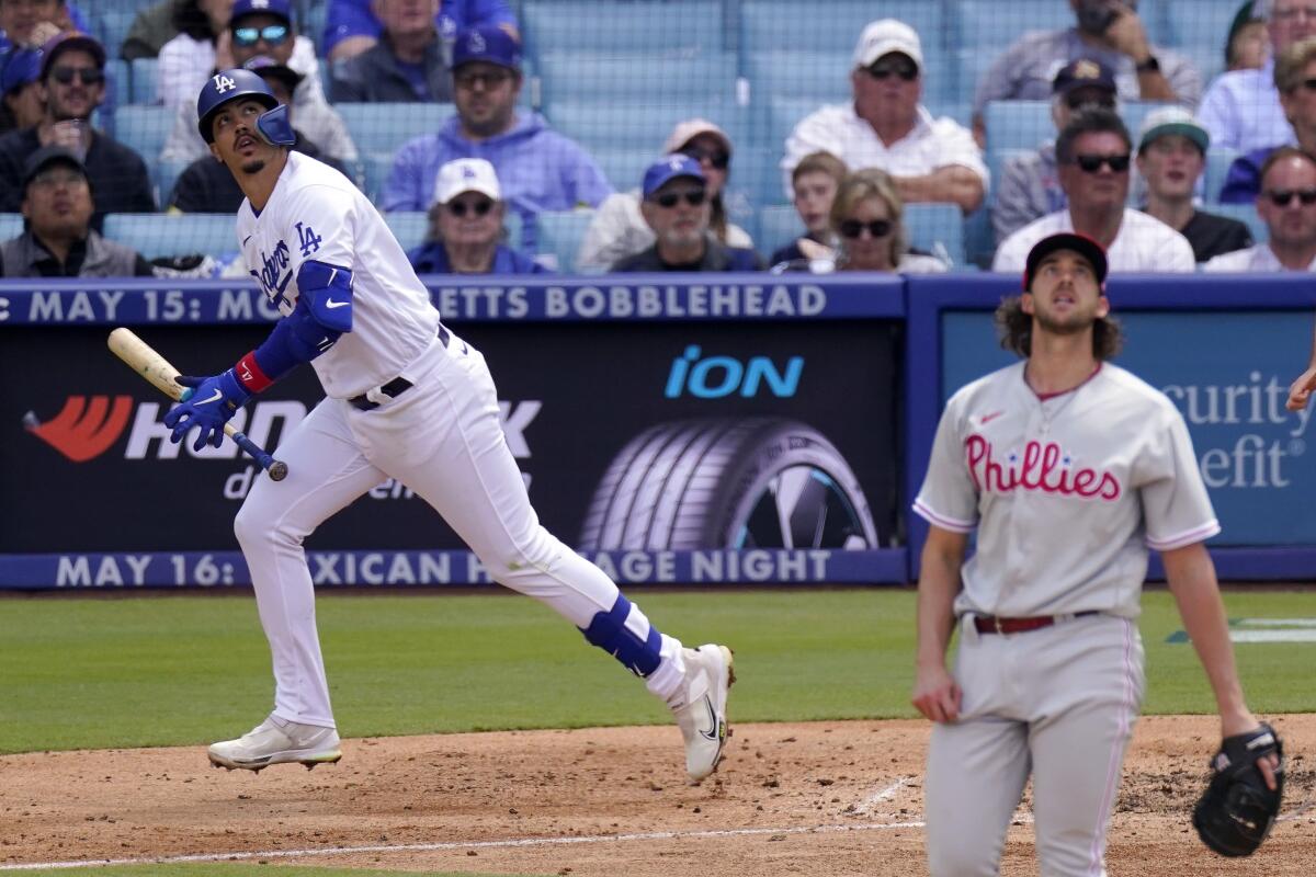 Dodgers' Miguel Vargas hits a two-run home run against Phillies' Aaron Nola in the fourth inning Wednesday.