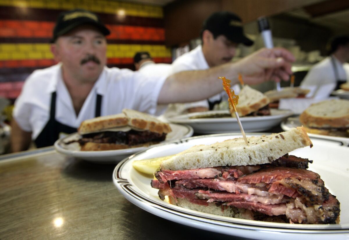 A pastrami sandwich on rye bread is served up at Langer's Deli in Los Angeles.