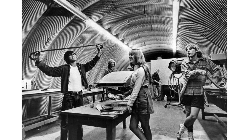 April 28, 1971: Students at Dunn School in the Santa Ynez Valley work in a photo lab set up at one end of the school's fallout shelter.