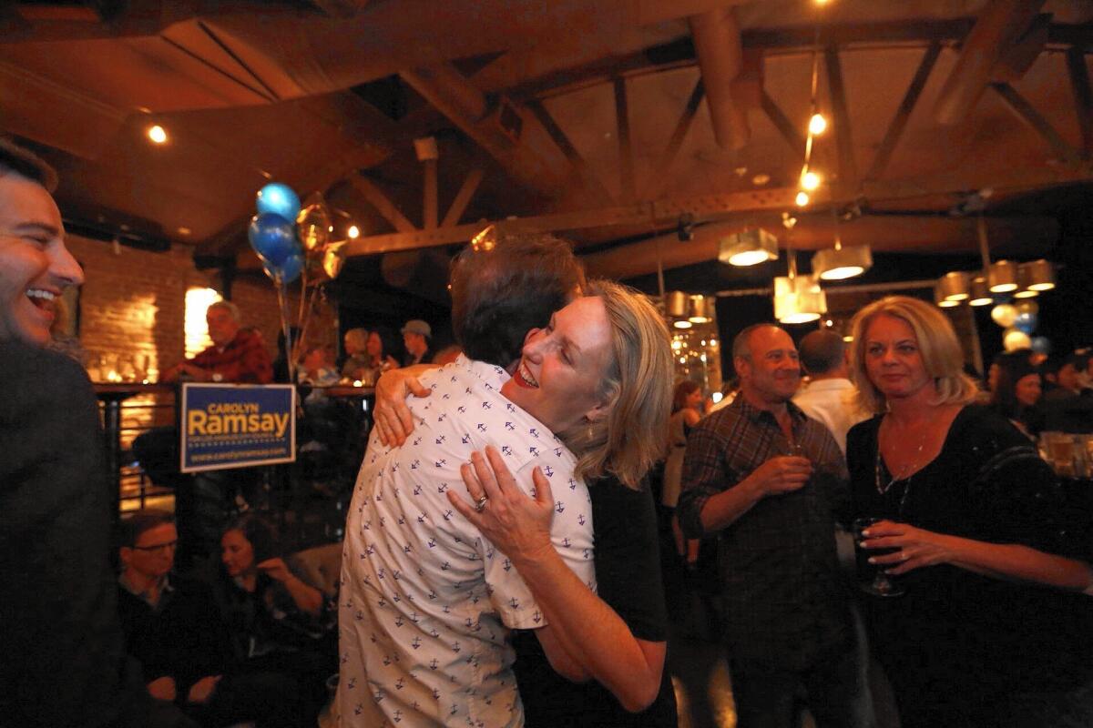 City Council candidate Carolyn Ramsay, right, gets a hug from her son at an election night party in May.