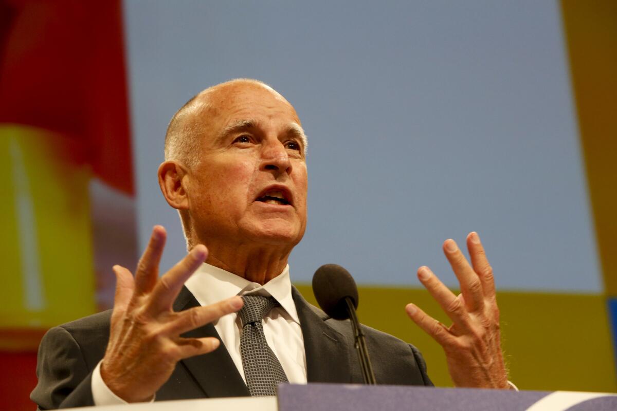 Gov. Jerry Brown speaking Friday at the American Federation of Teachers convention in downtown Los Angeles.