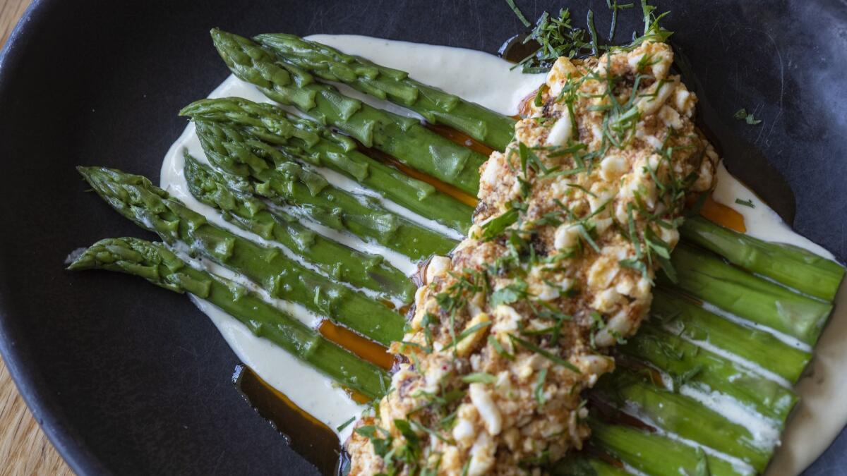 Asparagus with green garlic mayonnaise and Dijon egg salad from Alta Adams chef Keith Corbin.