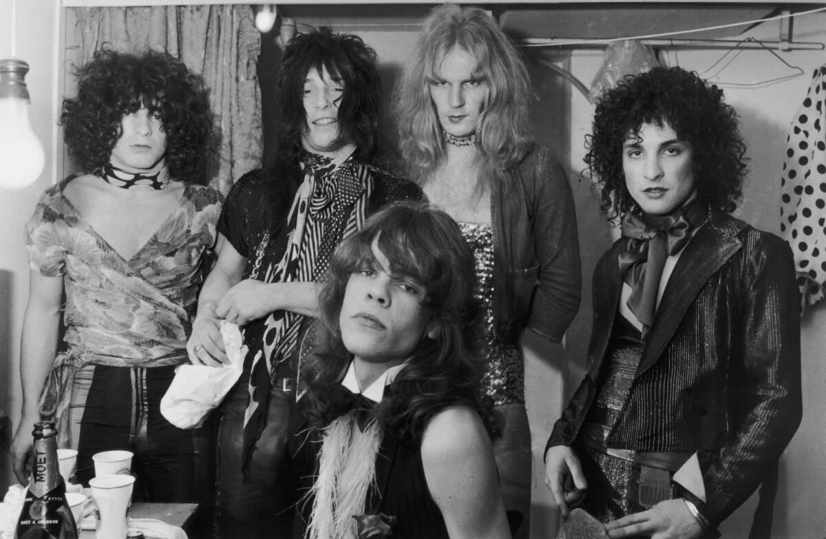 The New York Dolls, clockwise, from left, Jerry Nolan, Johnny Thunders, Killer Kane, Sylvain Sylvain and David Johansen.  