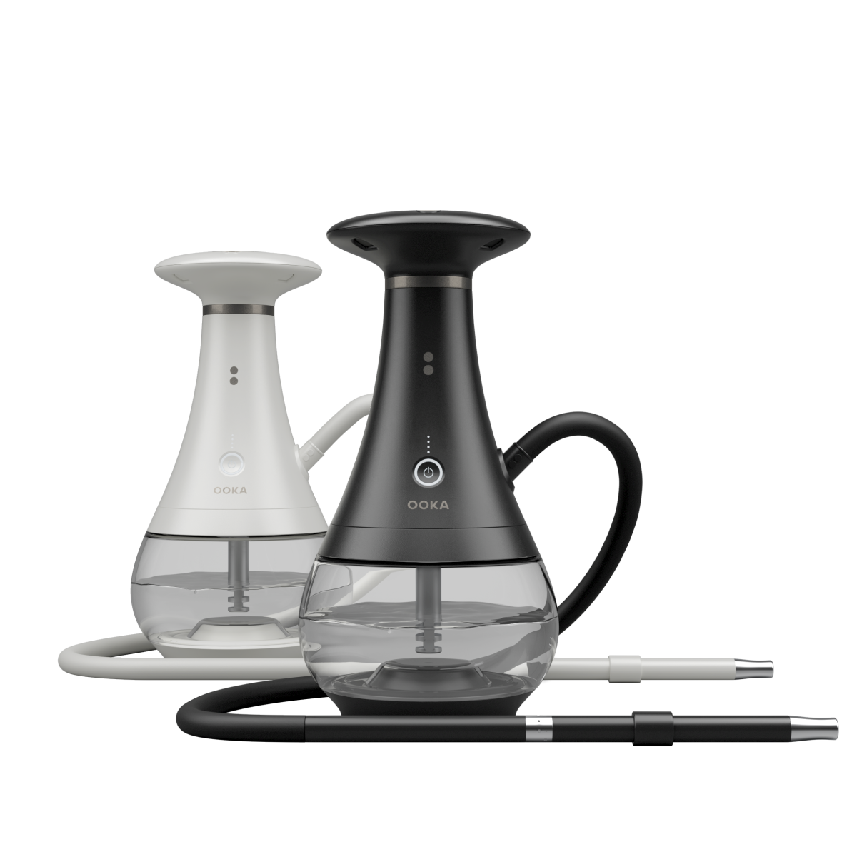 Two high-tech, water-filled, hookah-like vaporizers. One is white and one is black.
