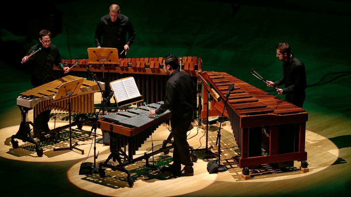 A performance of "Mallet Quartet" in a concert by the L.A. Philharmonic's New Music Group, which is celebrating composer Steve Reich.