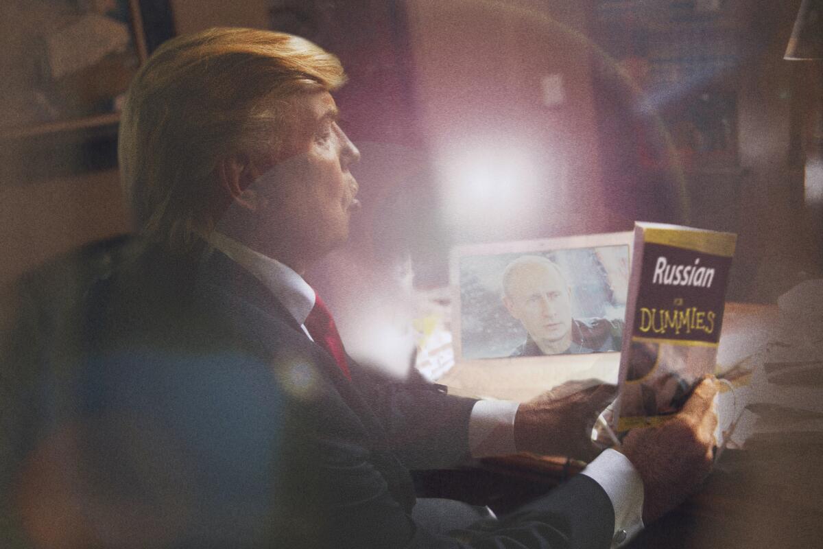 The photograph "Trump Russian for Dummies" shows a look-alike Donald Trump looking at a "Russian for Dummies" book