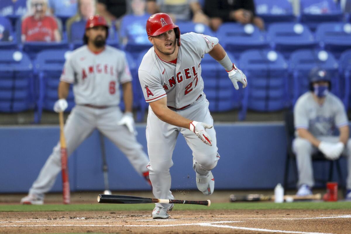 The Angels' Mike Trout doubles during the first inning of a game against Toronto on April 8, 2021, in Dunedin, Fla.