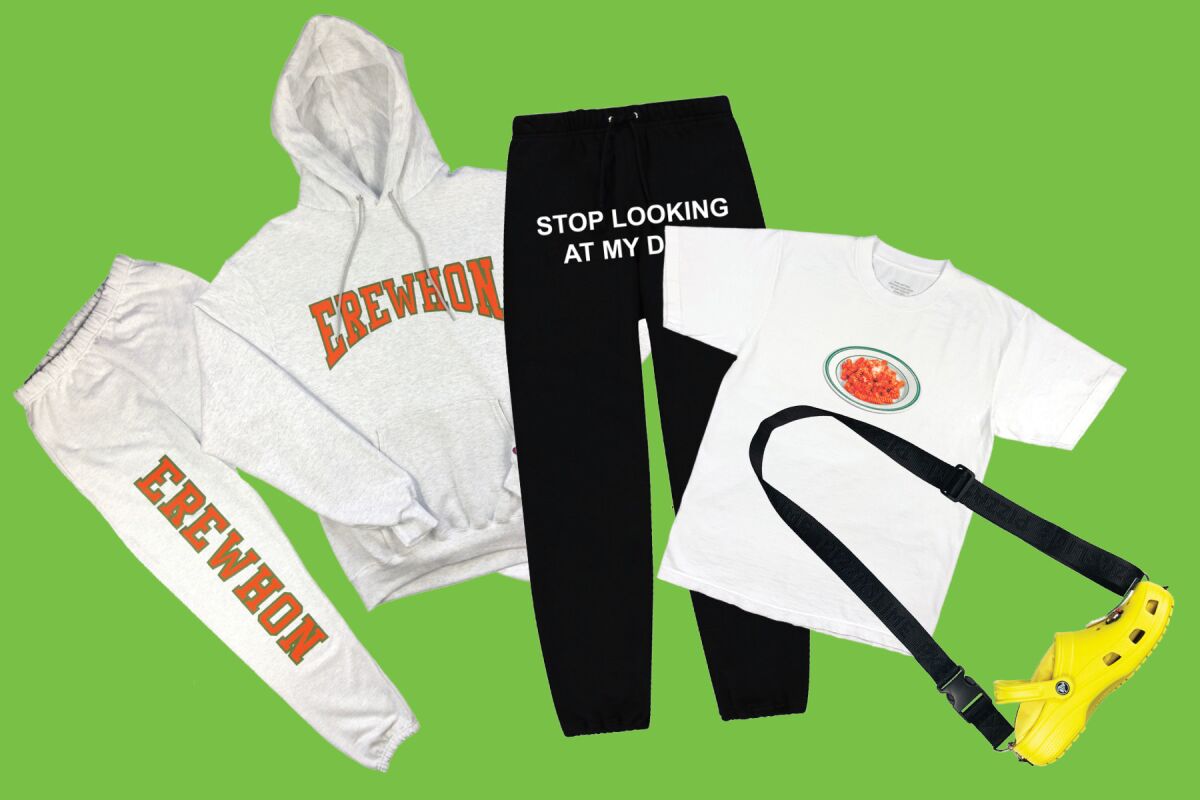 Sweatpants and sweatshirt emblazoned with "Erewhon" and other humorous apparel from L.A. brand Pizzaslime.