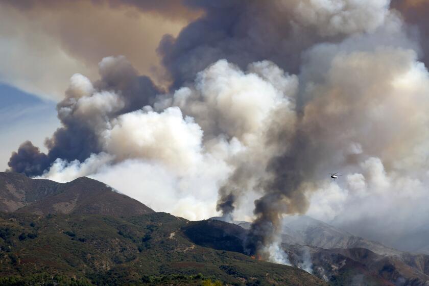 TRABUCO CANYON CALIF SEPTEMBER 10, 2024 - A firefighting helicopter battles the Airport fire, dropping retardant near Santiago Peak on Tuesday, Sept. 10, 2024. The Airport fire has charred more than 9,000 acres. (Allen J. Schaben / Los Angeles Times)