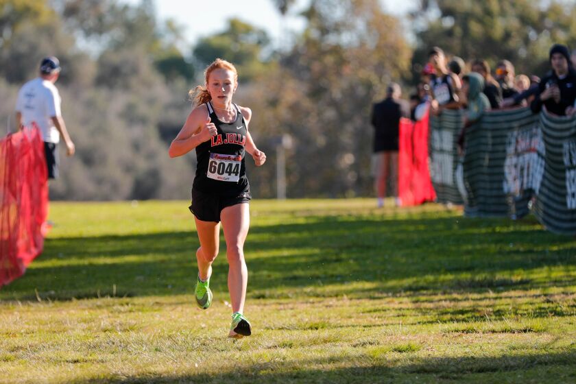 Chiara Dailey of La Jolla wins the Girs Division IV Cross Country match Saturday with a time of 17:14.6
