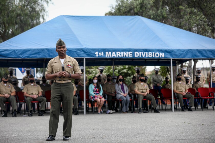 U.S. Marine Corps Sgt. Maj. Terrence C. Whitcomb, gives a speech at Camp Pendleton, California, April 23, 2021.
