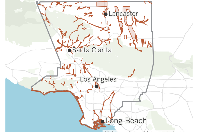 Map showing areas of Los Angeles County which could be affected by 100-year floods.