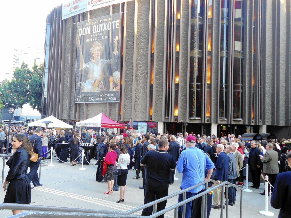 San Diego Opera patrons gather at the Civic Theatre in downtown San Diego before the April 5 evening performance of "Don Quixote."