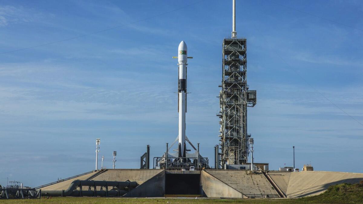 SpaceX's upgraded Falcon 9 rocket before the launch of Bangladesh's first geostationary communications satellite on May 11 from Kennedy Space Center in Florida.