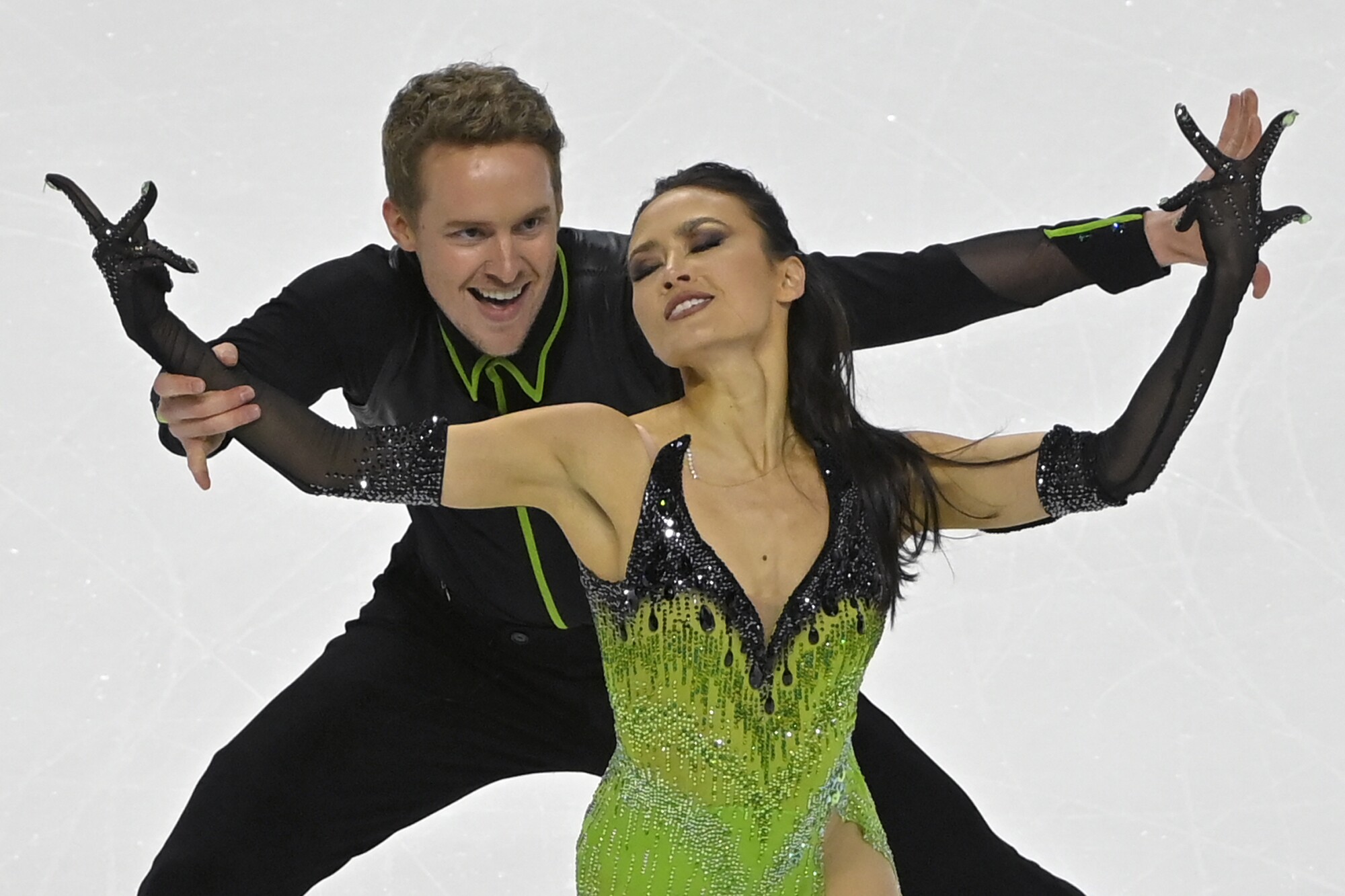 Evan Bates and Madison Chock perform during the rhythm dance program at Skate America in October.