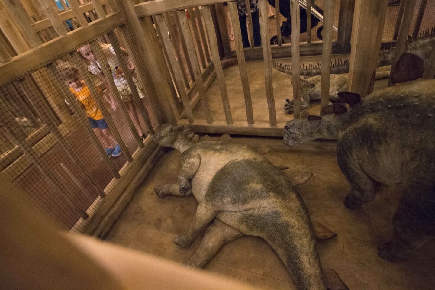Noah's ark attraction, complete with dinosaurs in cages, ready to open