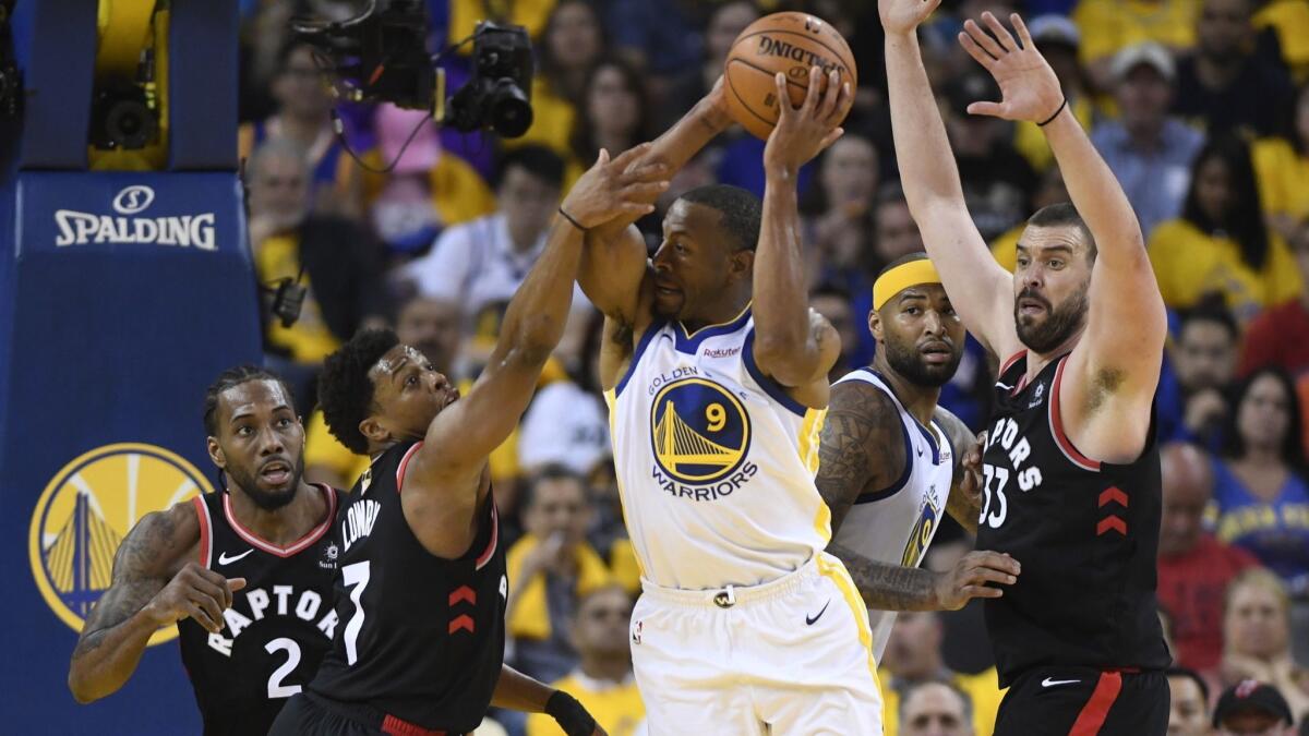 Golden State Warriors forward Andre Iguodala controls the ball during the second half of Game 3 of the NBA Finals on June 5 in Oakland.