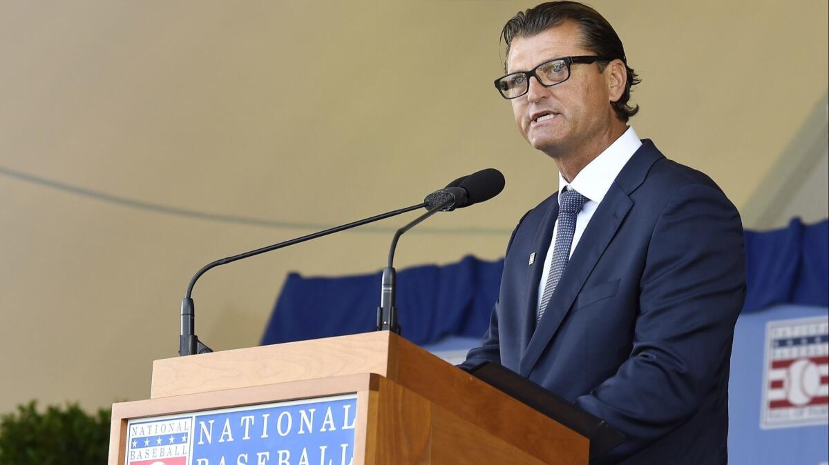 Trevor Hoffman speaks during an induction ceremony at the Clark Sports Center on Sunday in Cooperstown, N.Y.