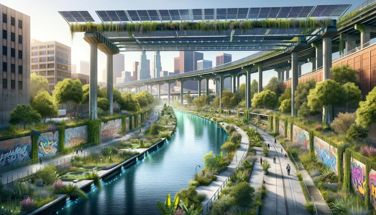 In a rendering done using artificial intelligence, people stroll along a revitalized Los Angeles River.