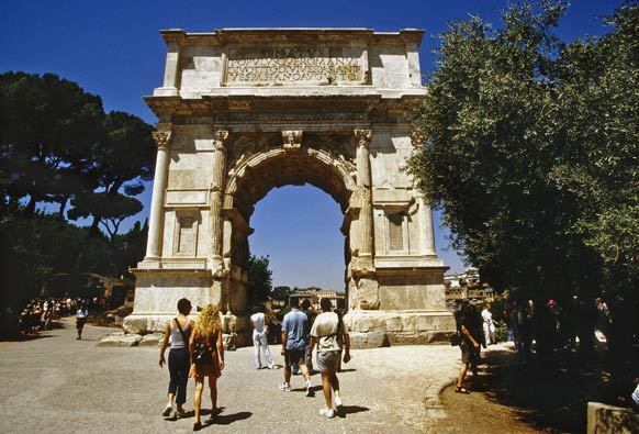 The triumphal Arch of Titus at the Roman Forum. A bas relief on the arch shows Roman soldiers pillaging Jerusalem around AD 80.