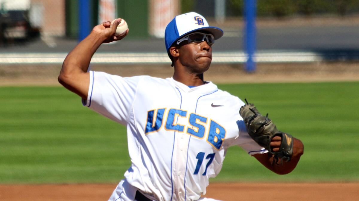 UC Santa Barbara ace Dillon Tate delivers against Long Beach State earlier this season.