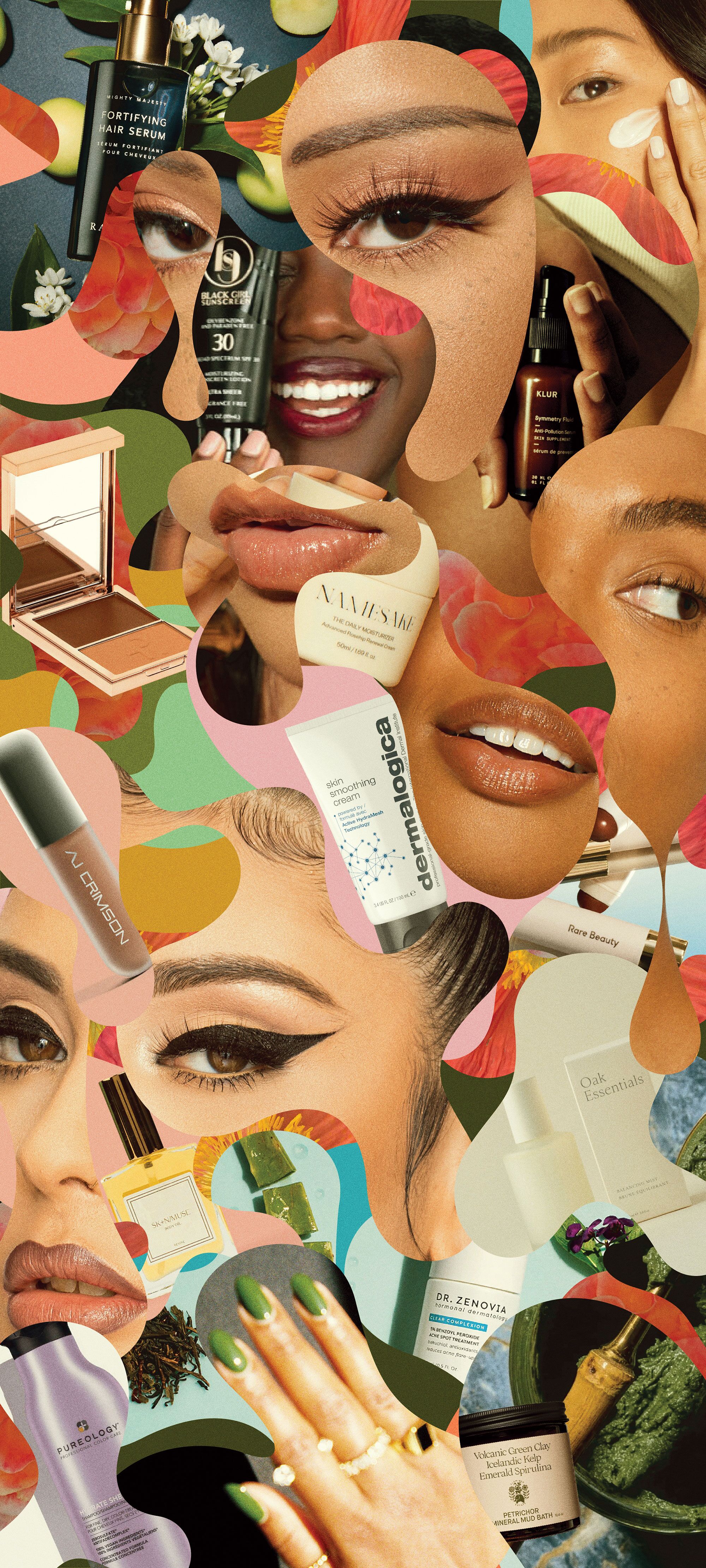 collage of various beauty products and body parts in curved, cutout shapes