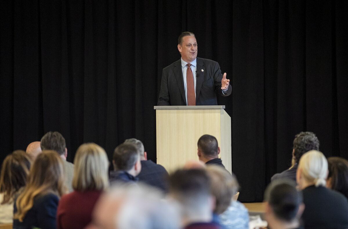 Huntington Beach Mayor Tony Strickland speaks during the Mayor's Breakfast event at the Senior Center in Central Park.