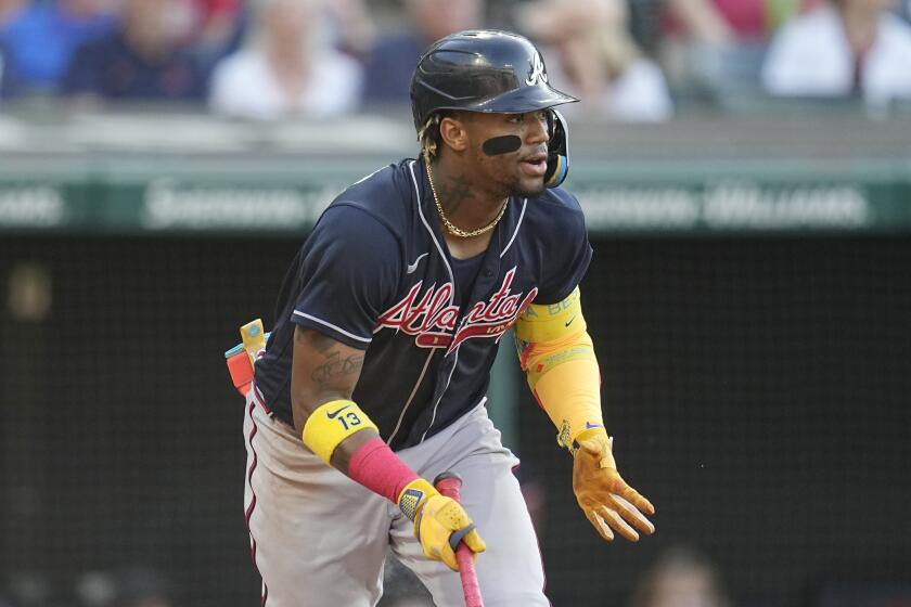 Atlanta Braves' Ronald Acuna Jr. during a baseball game against the Cleveland Guardians, Tuesday, July 4, 2023, in Cleveland. (AP Photo/Sue Ogrocki)